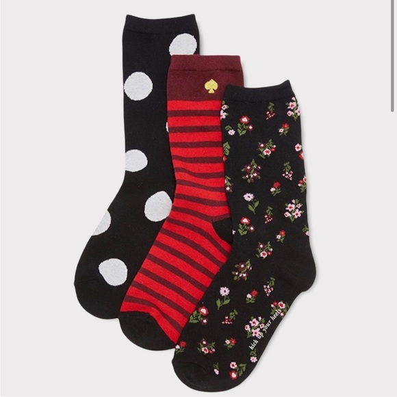 3 KATE SPADE Red Brown Stripe Floral Polka Dot Trouser Crew Socks NIP Holiday - Picture 3 of 12